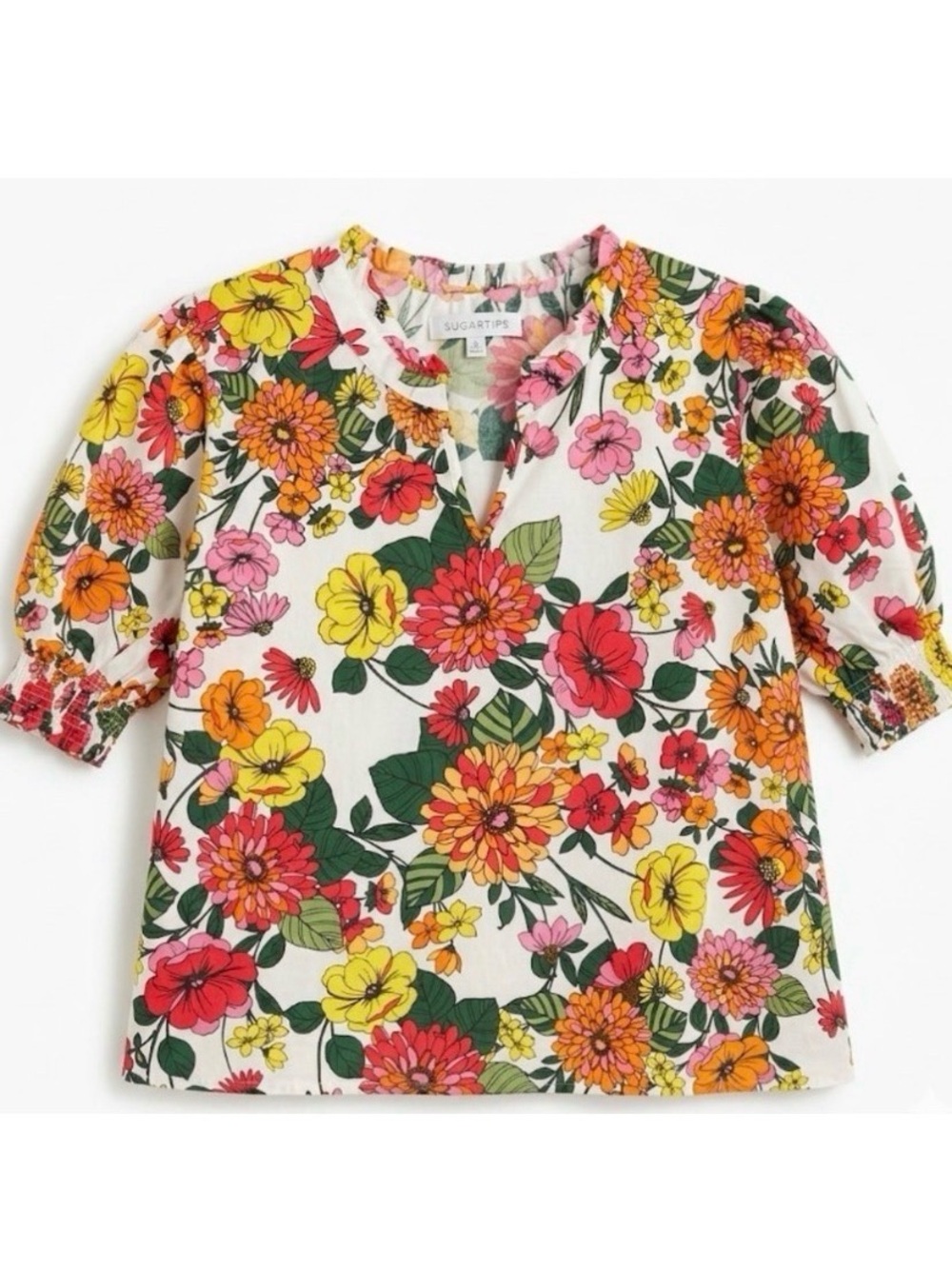 Sugarlips Loren Floral Split Neck Puff Sleeve Blouse - XL 100% Cotton